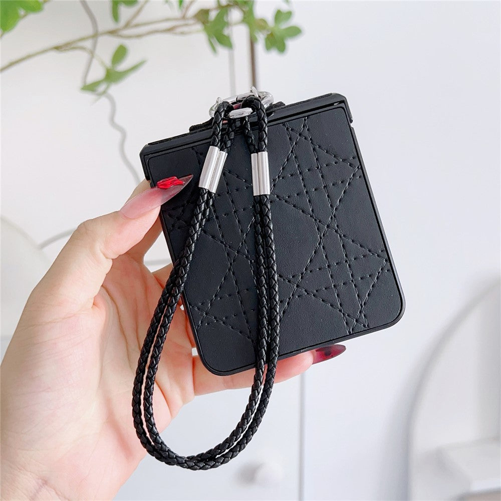For Samsung Galaxy Z Flip7 5G Case Imprinted Rhombus TPU + PC Phone Cover with Wrist Strap - Black
