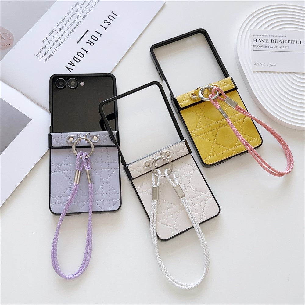 For Samsung Galaxy Z Flip7 5G Case Imprinted Rhombus TPU + PC Phone Cover with Wrist Strap - Black