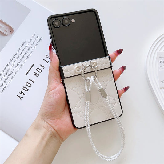 For Samsung Galaxy Z Flip7 5G Case Imprinted Rhombus TPU + PC Phone Cover with Wrist Strap - White