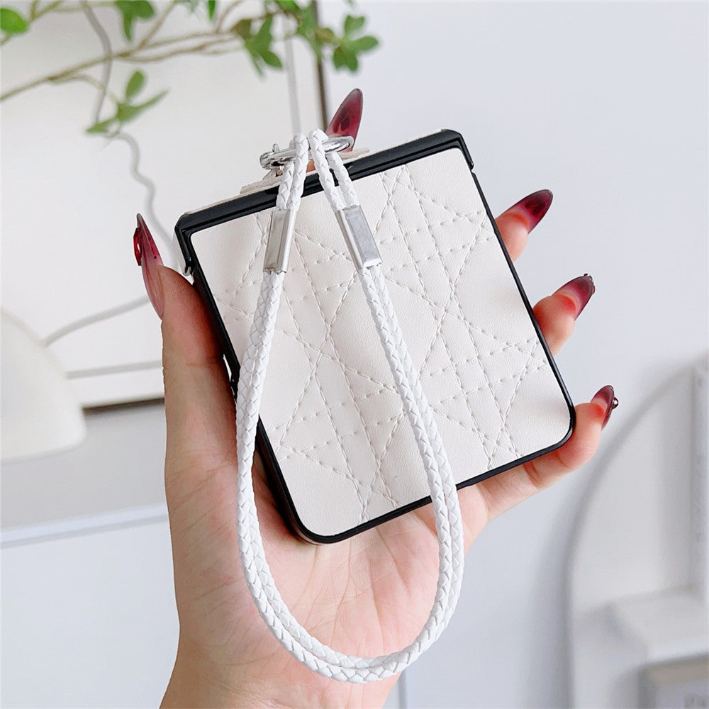 For Samsung Galaxy Z Flip7 5G Case Imprinted Rhombus TPU + PC Phone Cover with Wrist Strap - White