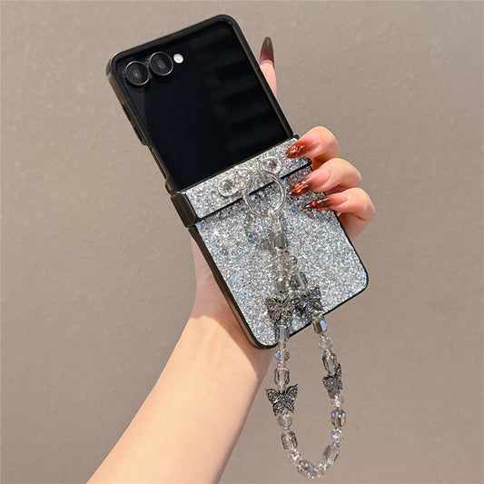 For Samsung Galaxy Z Flip7 5G Case Glitter Rhinestone TPU PC Phone Cover with Butterfly Wrist Strap - Silver