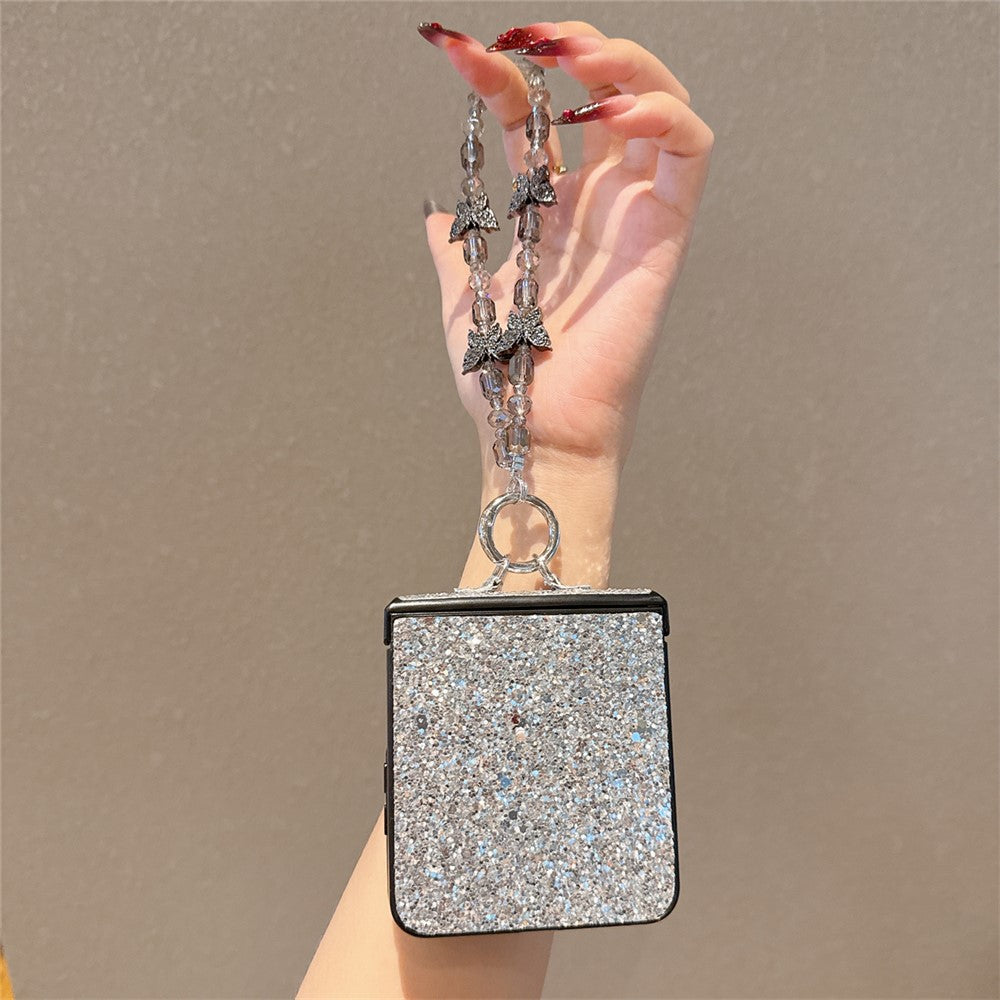 For Samsung Galaxy Z Flip7 5G Case Glitter Rhinestone TPU PC Phone Cover with Butterfly Wrist Strap - Silver