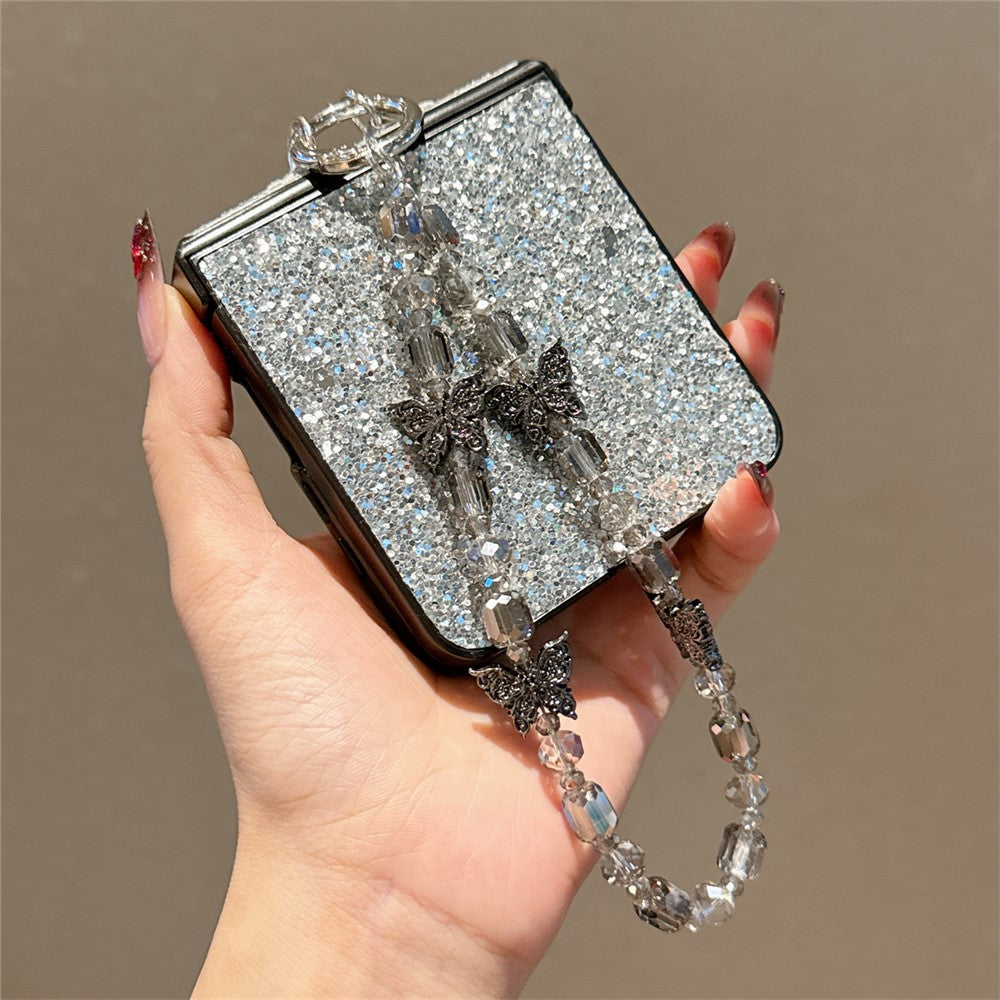 For Samsung Galaxy Z Flip7 5G Case Glitter Rhinestone TPU PC Phone Cover with Butterfly Wrist Strap - Silver