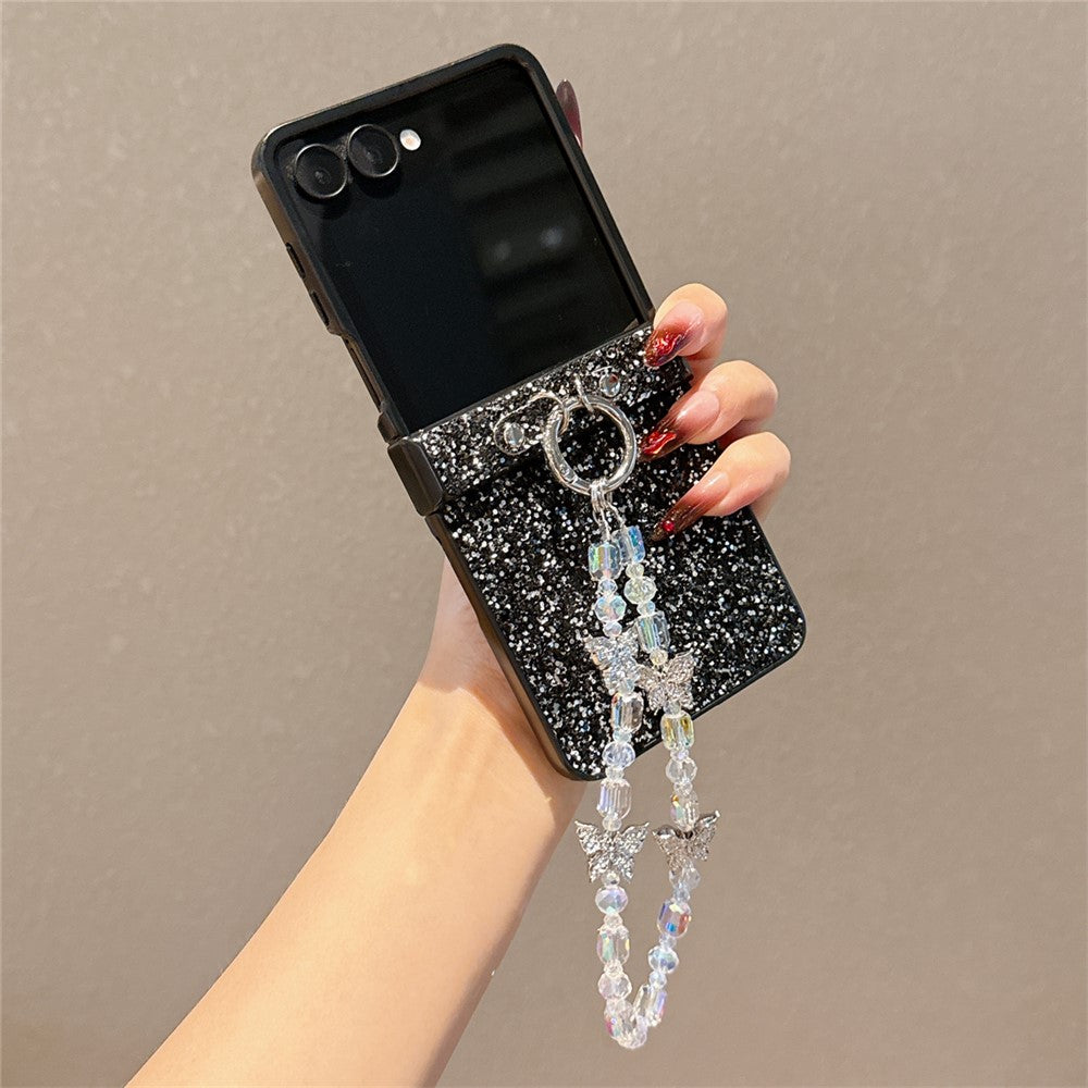 For Samsung Galaxy Z Flip7 5G Case Glitter Rhinestone TPU PC Phone Cover with Butterfly Wrist Strap - Black