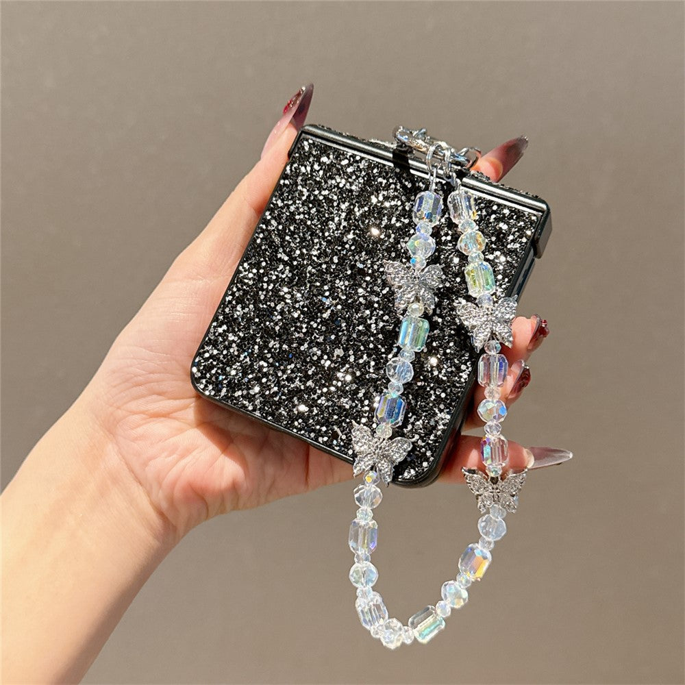 For Samsung Galaxy Z Flip7 5G Case Glitter Rhinestone TPU PC Phone Cover with Butterfly Wrist Strap - Black