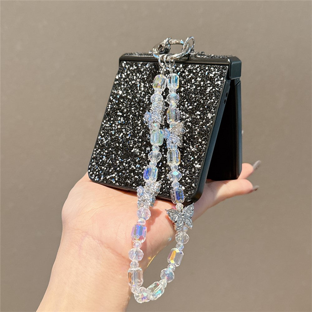 For Samsung Galaxy Z Flip7 5G Case Glitter Rhinestone TPU PC Phone Cover with Butterfly Wrist Strap - Black