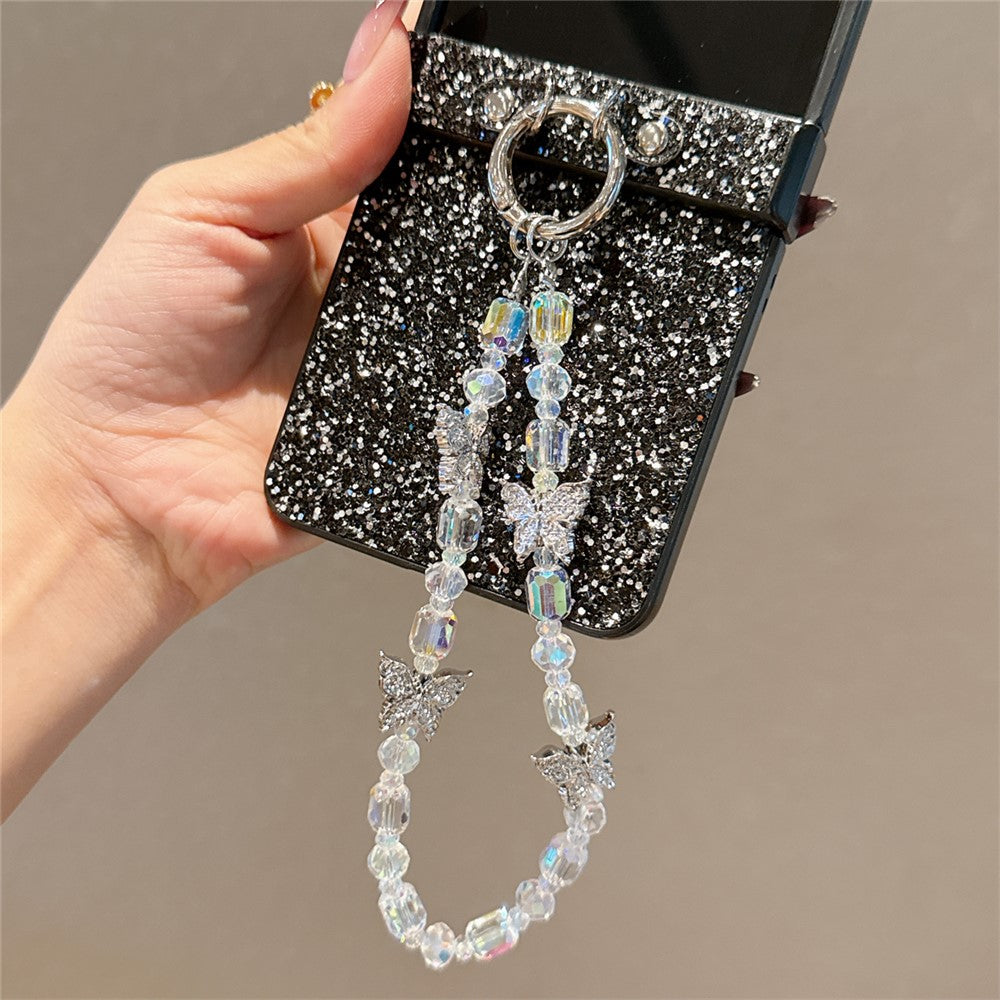 For Samsung Galaxy Z Flip7 5G Case Glitter Rhinestone TPU PC Phone Cover with Butterfly Wrist Strap - Black