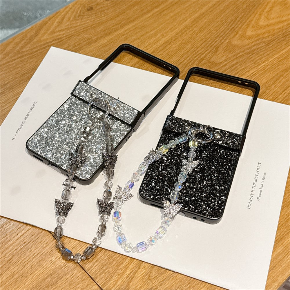 For Samsung Galaxy Z Flip7 5G Case Glitter Rhinestone TPU PC Phone Cover with Butterfly Wrist Strap - Black