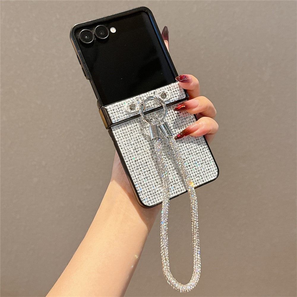 For Samsung Galaxy Z Flip7 5G Case Glitter TPU + PC Phone Cover with Rhinestone Wrist Strap - Silver
