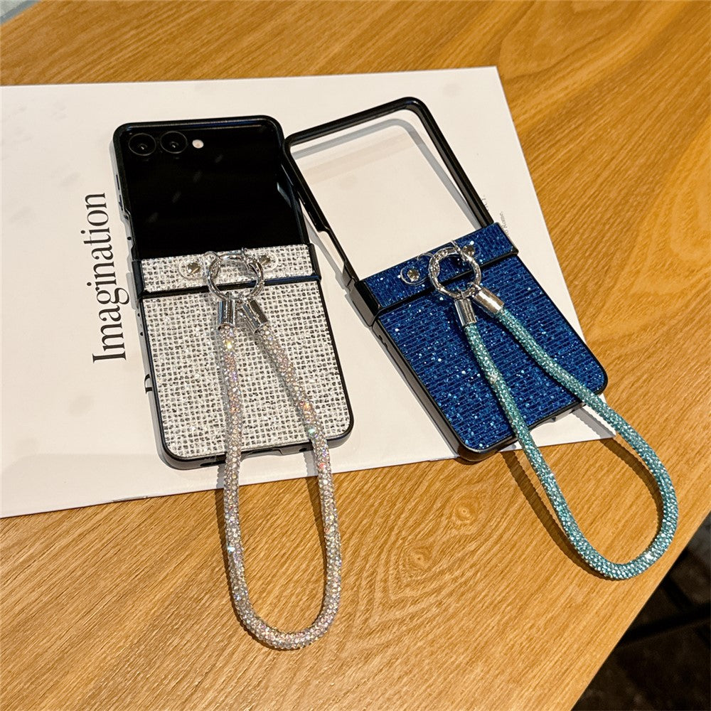 For Samsung Galaxy Z Flip7 5G Case Glitter TPU + PC Phone Cover with Rhinestone Wrist Strap - Silver