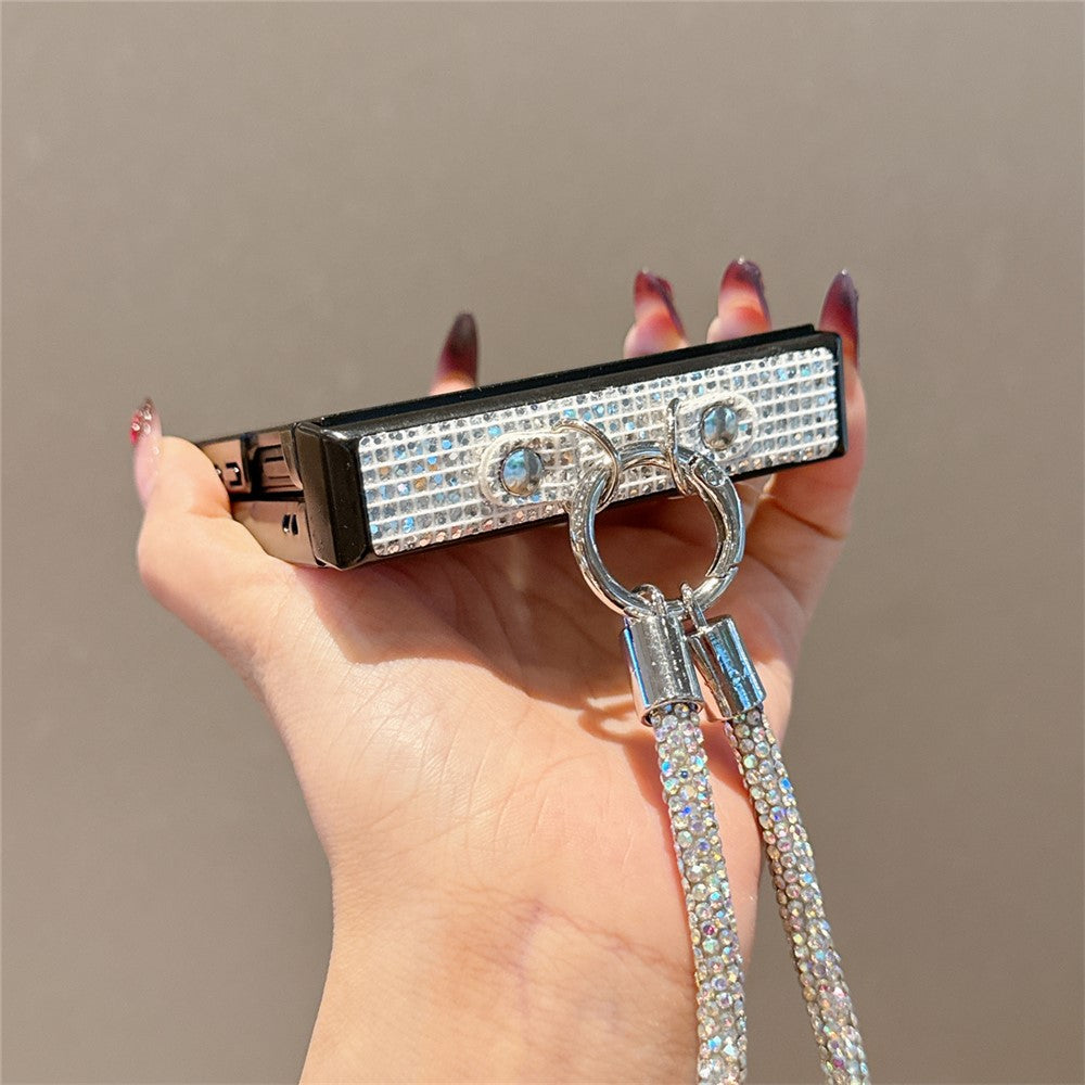 For Samsung Galaxy Z Flip7 5G Case Glitter TPU + PC Phone Cover with Rhinestone Wrist Strap - Silver