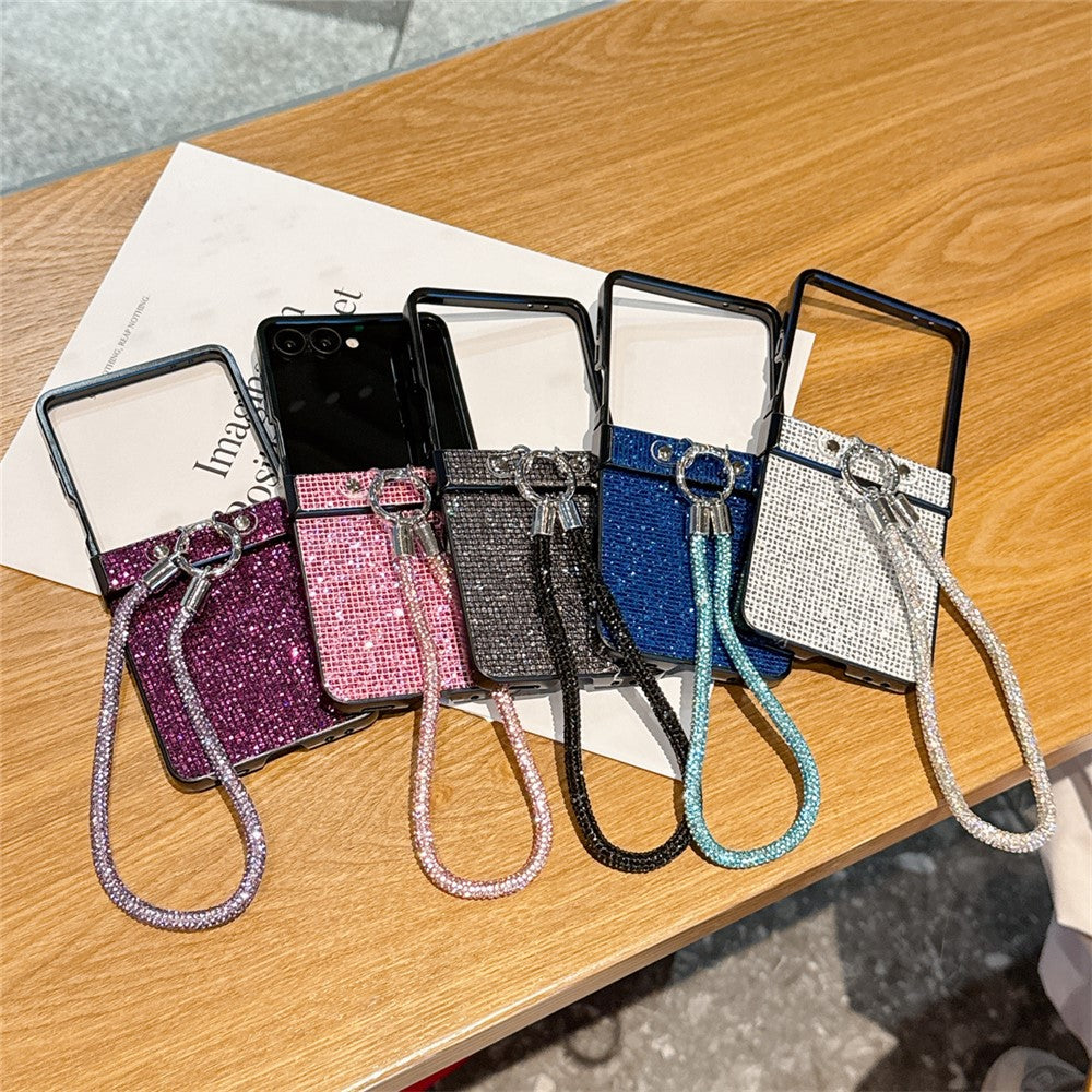 For Samsung Galaxy Z Flip7 5G Case Glitter TPU + PC Phone Cover with Rhinestone Wrist Strap - Silver
