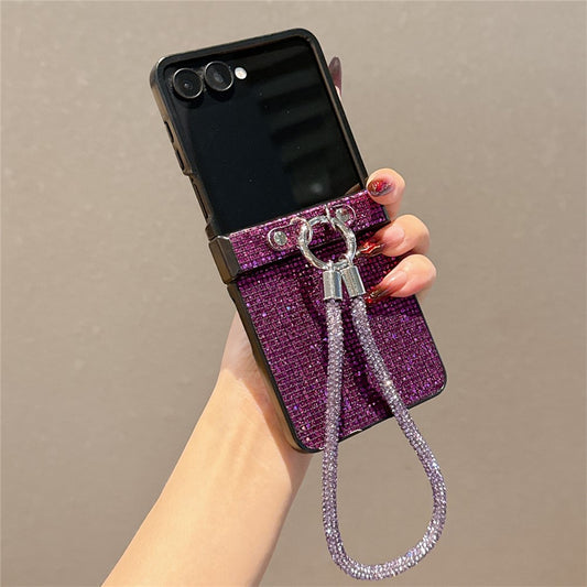 For Samsung Galaxy Z Flip7 5G Case Glitter TPU + PC Phone Cover with Rhinestone Wrist Strap - Purple