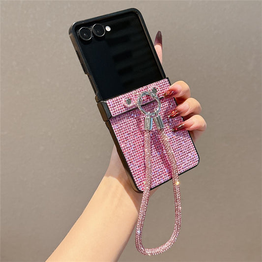For Samsung Galaxy Z Flip7 5G Case Glitter TPU + PC Phone Cover with Rhinestone Wrist Strap - Pink