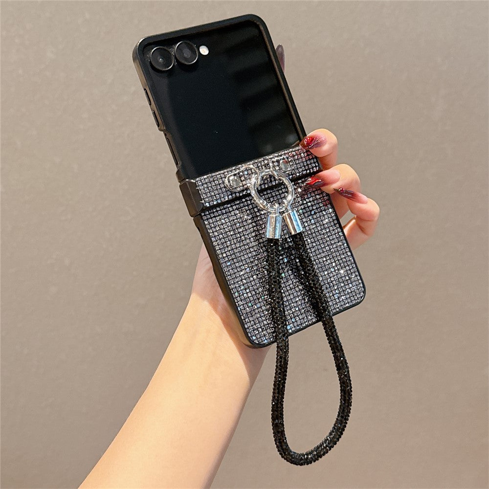 For Samsung Galaxy Z Flip7 5G Case Glitter TPU + PC Phone Cover with Rhinestone Wrist Strap - Black