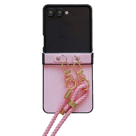 For Samsung Galaxy Z Flip7 5G Case Straw Mat Texture TPU + PC Phone Cover with Woven Crossbody Strap - Pink