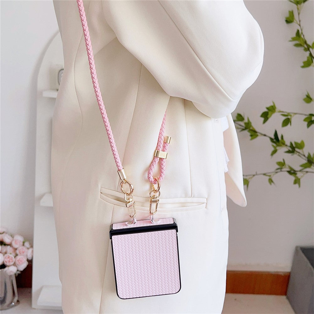 For Samsung Galaxy Z Flip7 5G Case Straw Mat Texture TPU + PC Phone Cover with Woven Crossbody Strap - Pink