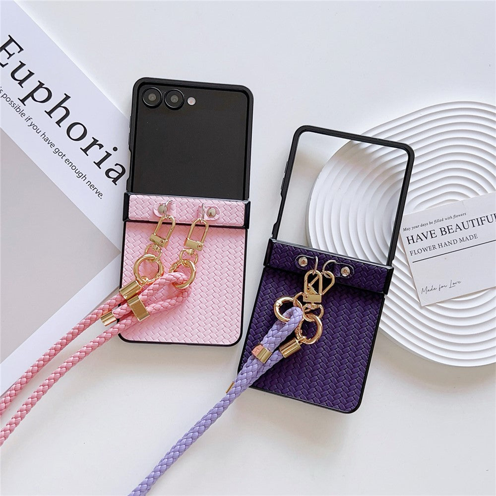 For Samsung Galaxy Z Flip7 5G Case Straw Mat Texture TPU + PC Phone Cover with Woven Crossbody Strap - Pink