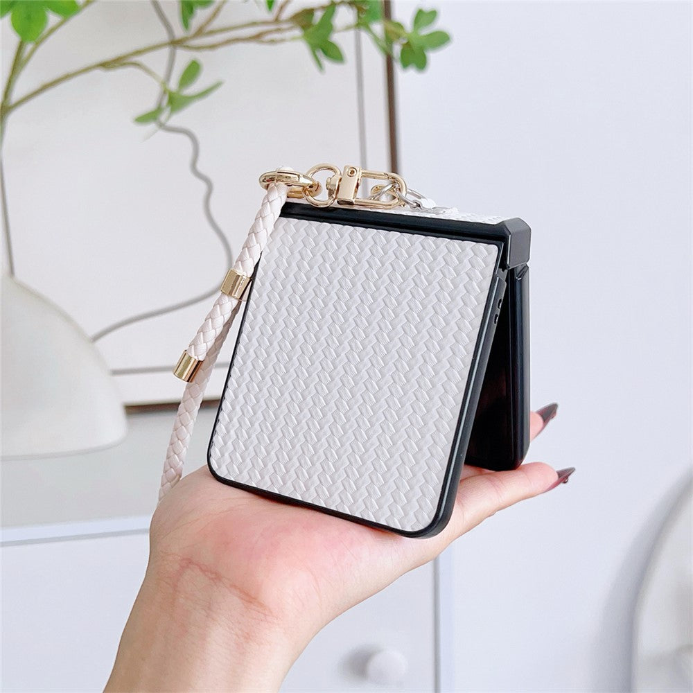 For Samsung Galaxy Z Flip7 5G Case Straw Mat Texture TPU + PC Phone Cover with Woven Crossbody Strap - White