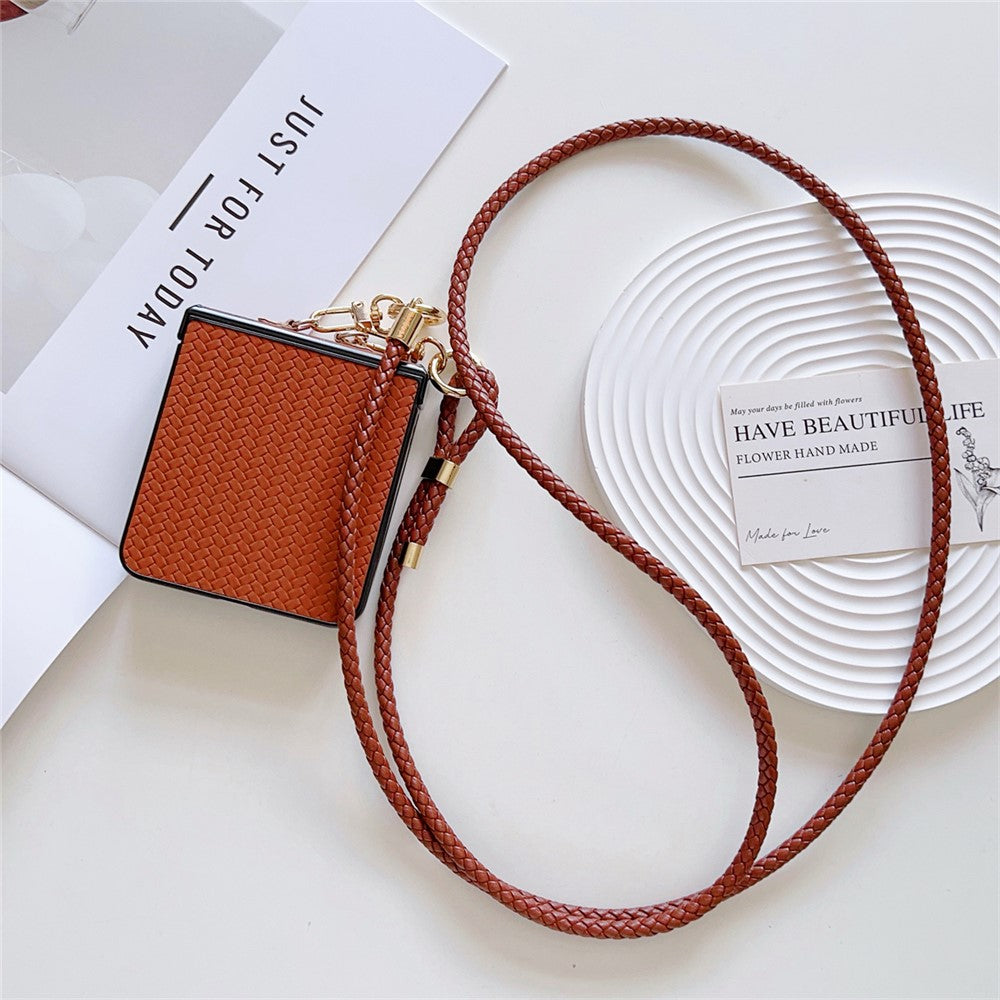 For Samsung Galaxy Z Flip7 5G Case Straw Mat Texture TPU + PC Phone Cover with Woven Crossbody Strap - Brown