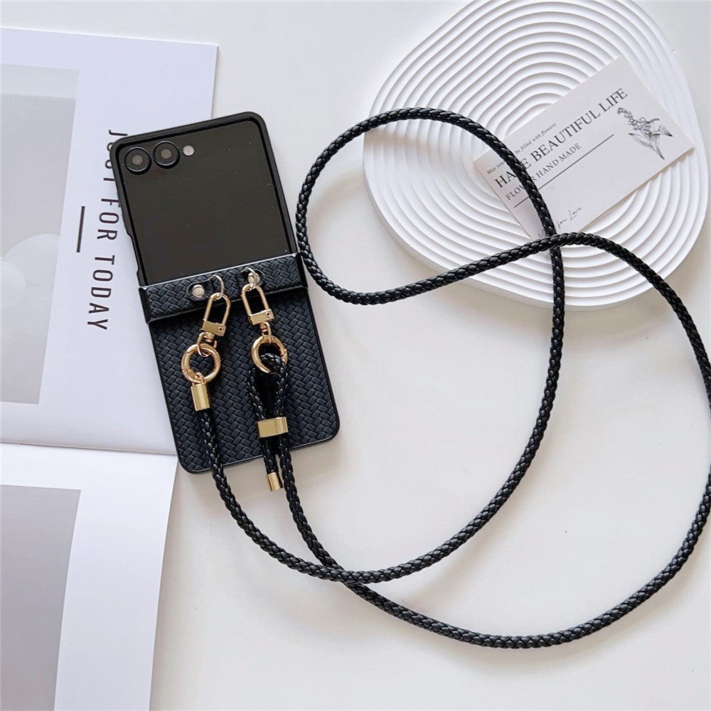 For Samsung Galaxy Z Flip7 5G Case Straw Mat Texture TPU + PC Phone Cover with Woven Crossbody Strap - Black