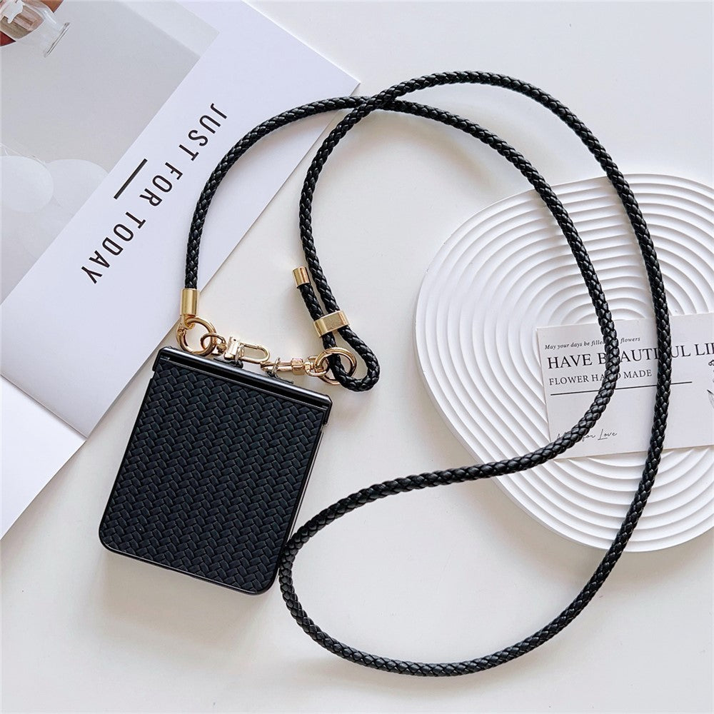 For Samsung Galaxy Z Flip7 5G Case Straw Mat Texture TPU + PC Phone Cover with Woven Crossbody Strap - Black