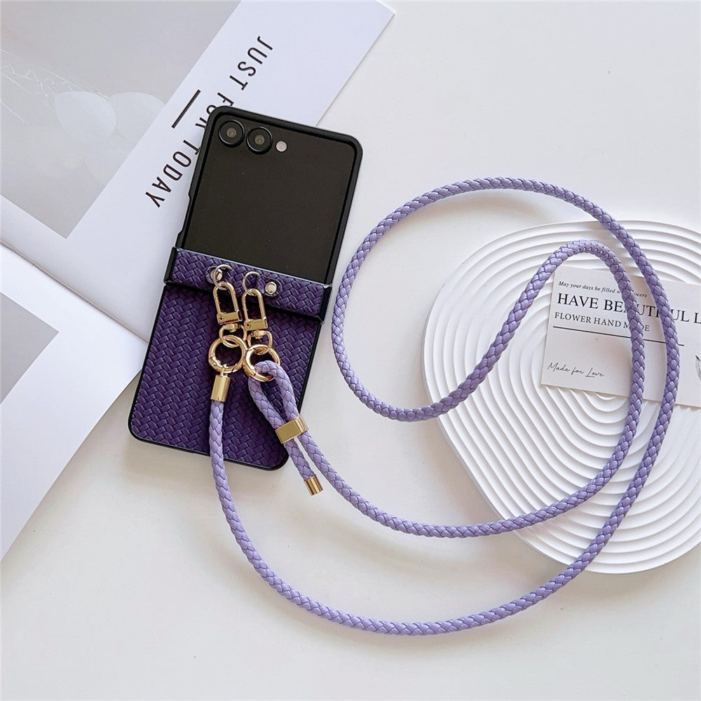 For Samsung Galaxy Z Flip7 5G Case Straw Mat Texture TPU + PC Phone Cover with Woven Crossbody Strap - Purple