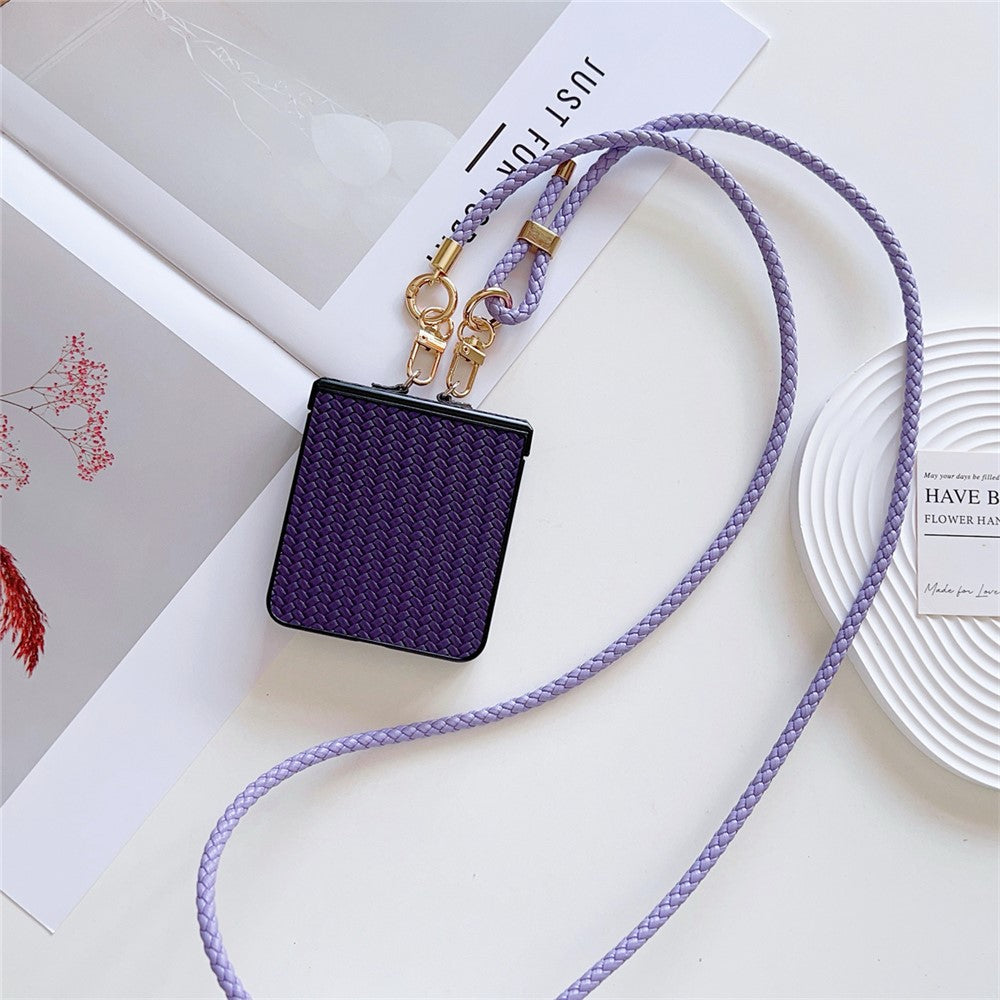 For Samsung Galaxy Z Flip7 5G Case Straw Mat Texture TPU + PC Phone Cover with Woven Crossbody Strap - Purple