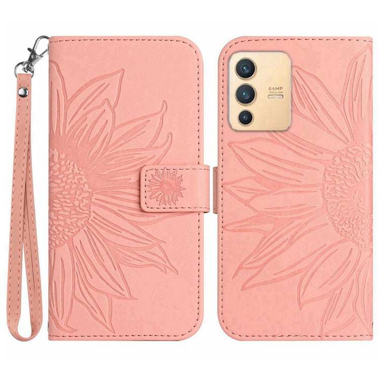 Imprinted Sunflower PU Leather Case for vivo V23 5G, Skin-touch Wallet Stand Folio Flip Anti-drop Phone Cover with Strap - Light Pink