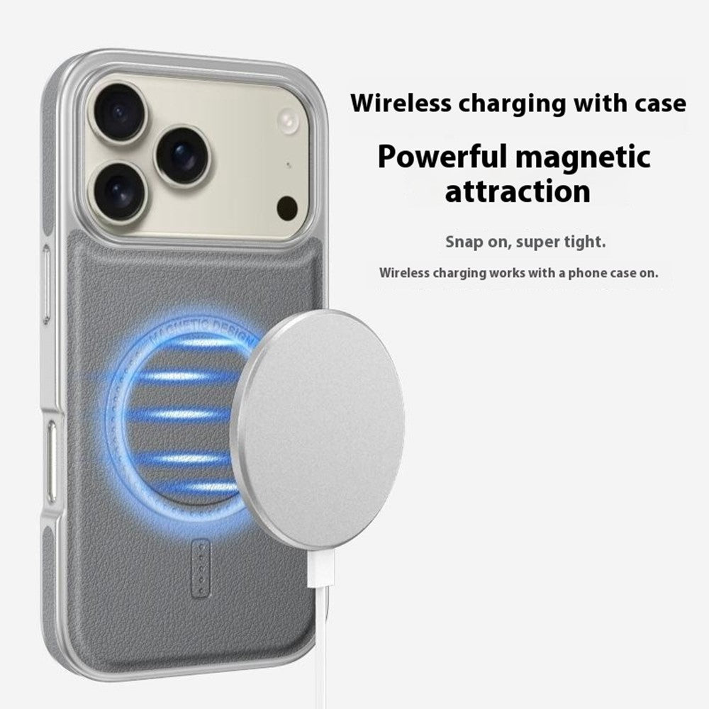 For iPhone 17 Pro Max Magnetic Case Electroplating Edge PU + TPU + PC Phone Cover - Grey