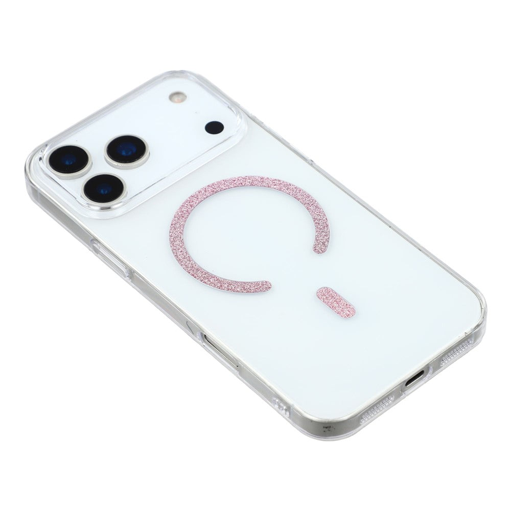 For iPhone 17 Pro Max Magnetic Case Glitter Ring 1.5mm Hard PC Clear Phone Cover - Pink