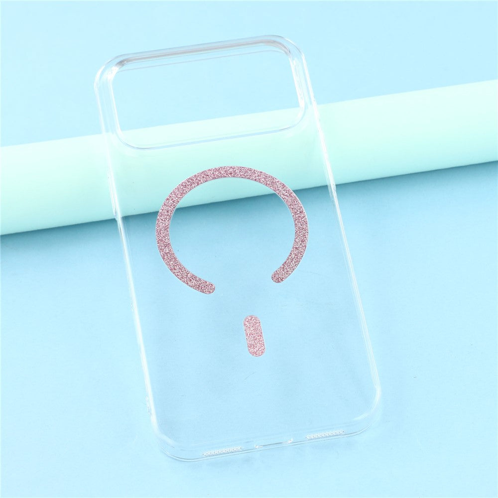 For iPhone 17 Pro Max Magnetic Case Glitter Ring 1.5mm Hard PC Clear Phone Cover - Pink