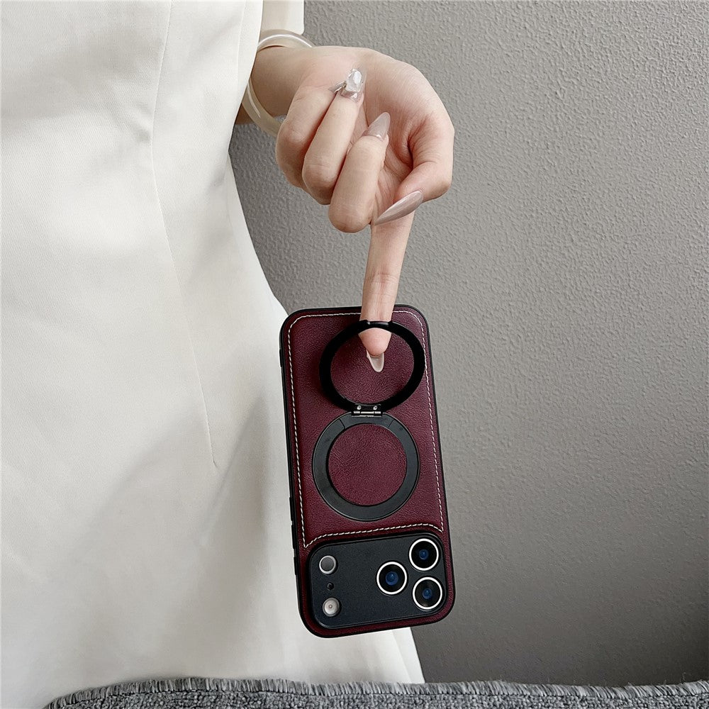 For iPhone 17 Pro Max Magnetic Case Calf Texture PU + TPU + PC Kickstand Phone Cover - Red