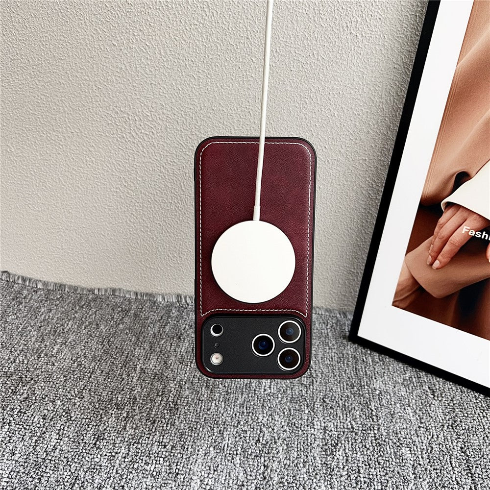 For iPhone 17 Pro Max Magnetic Case Calf Texture PU + TPU + PC Kickstand Phone Cover - Black