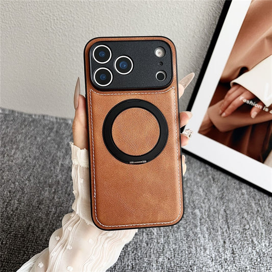 For iPhone 17 Pro Max Magnetic Case Calf Texture PU + TPU + PC Kickstand Phone Cover - Brown
