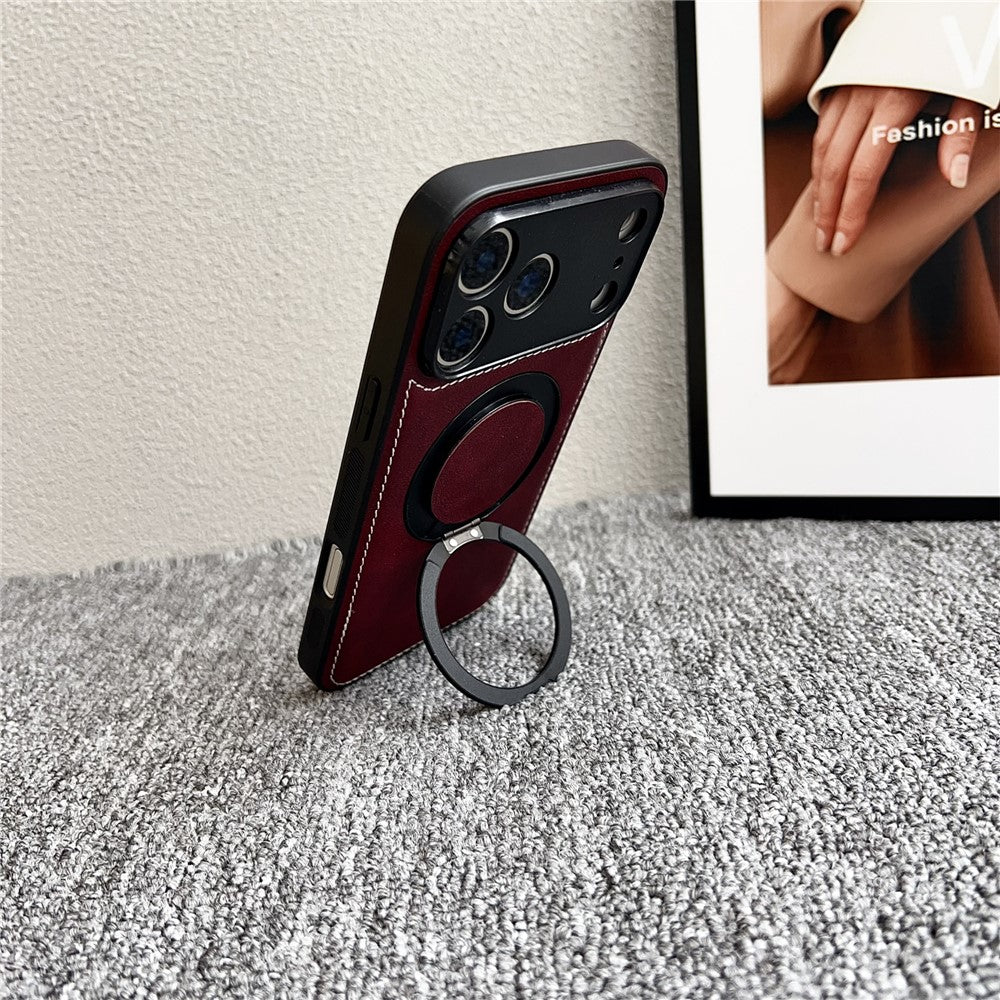 For iPhone 17 Pro Max Magnetic Case Calf Texture PU + TPU + PC Kickstand Phone Cover - Brown