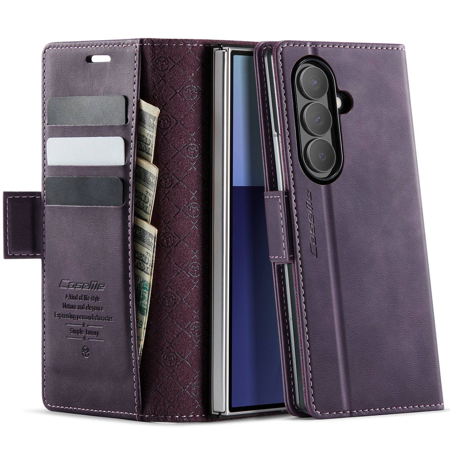 For Samsung Galaxy Z Fold7 5G Case CASEME 033 Series RFID Blocking Wallet Stand Calf Texture Leather Phone Cover - Purple