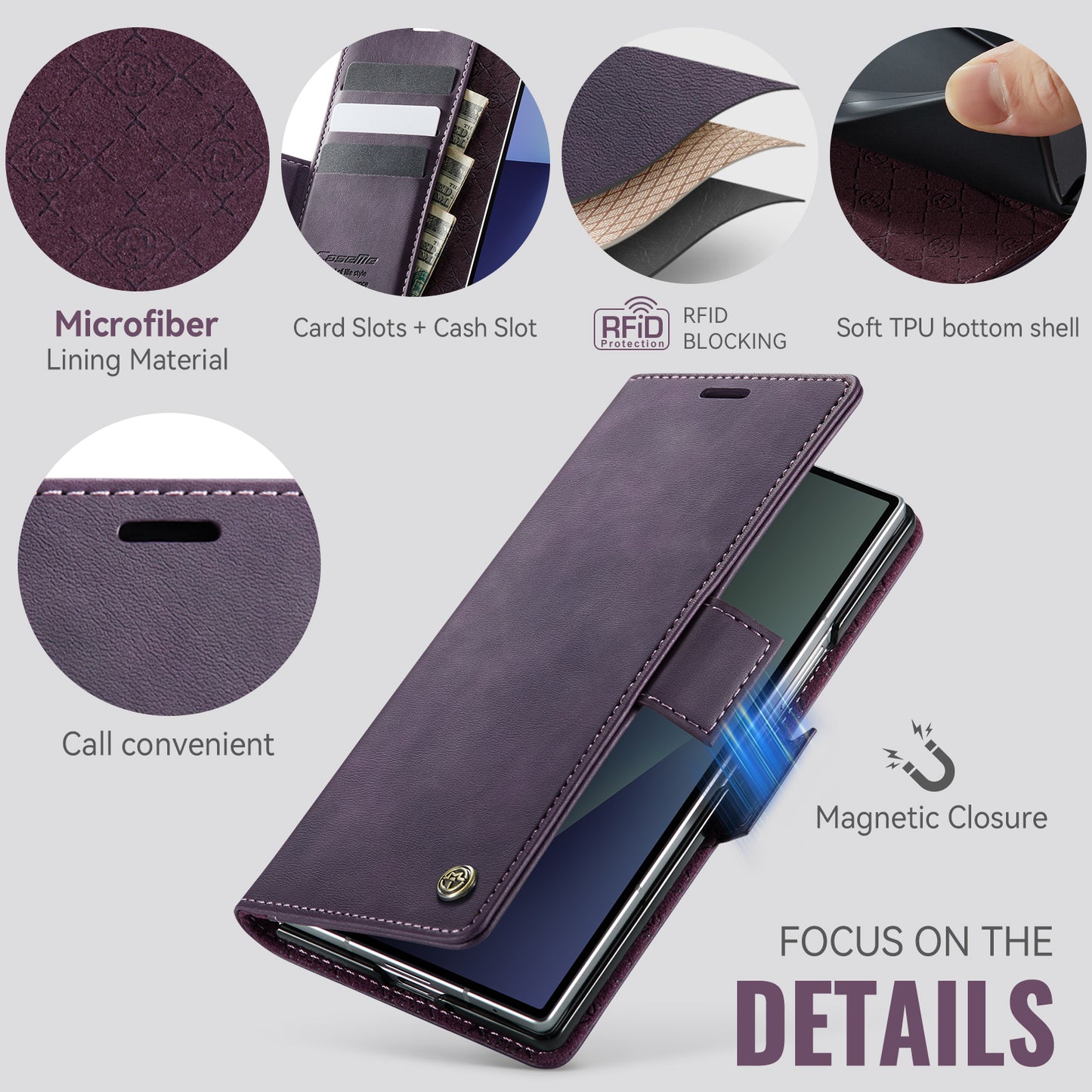 For Samsung Galaxy Z Fold7 5G Case CASEME 033 Series RFID Blocking Wallet Stand Calf Texture Leather Phone Cover - Purple