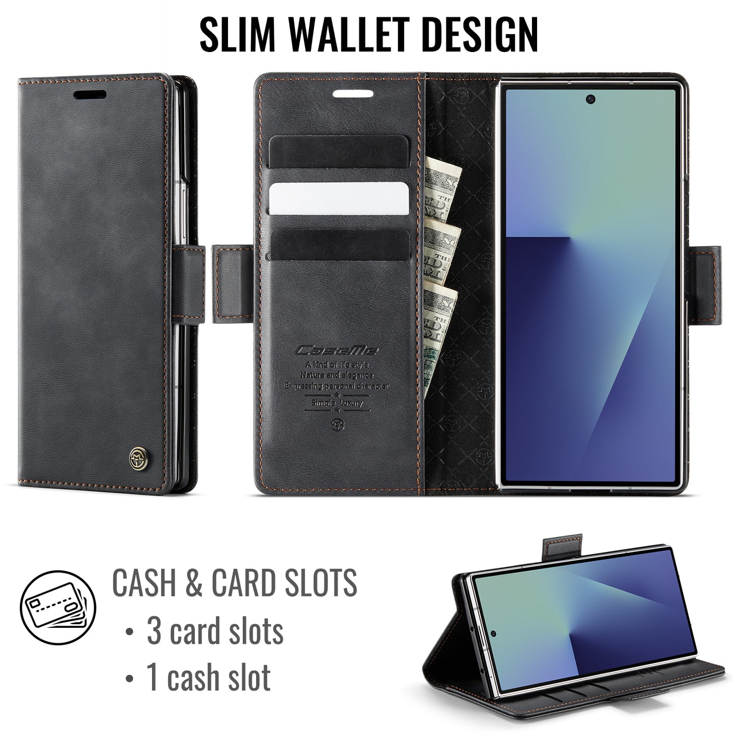 For Samsung Galaxy Z Fold7 5G Case CASEME 033 Series RFID Blocking Wallet Stand Calf Texture Leather Phone Cover - Black