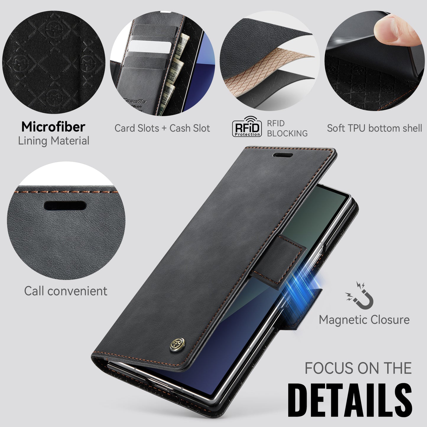 For Samsung Galaxy Z Fold7 5G Case CASEME 033 Series RFID Blocking Wallet Stand Calf Texture Leather Phone Cover - Black