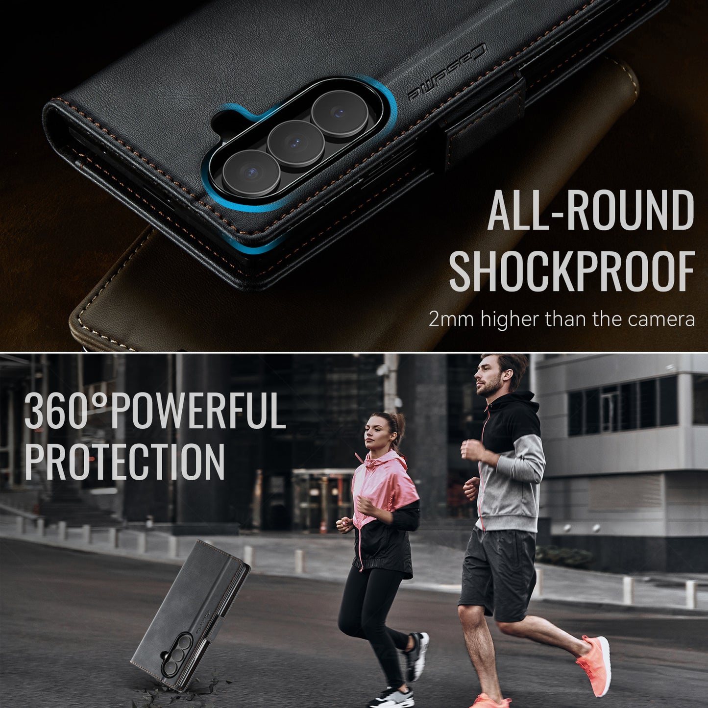 For Samsung Galaxy Z Fold7 5G Case CASEME 033 Series RFID Blocking Wallet Stand Calf Texture Leather Phone Cover - Black