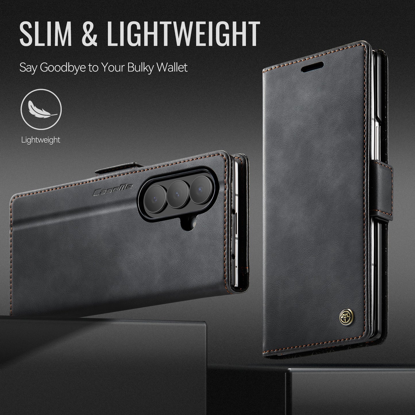 For Samsung Galaxy Z Fold7 5G Case CASEME 033 Series RFID Blocking Wallet Stand Calf Texture Leather Phone Cover - Black