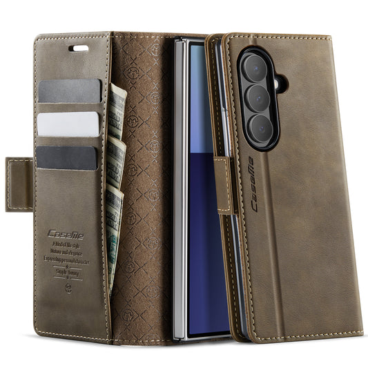 For Samsung Galaxy Z Fold7 5G Case CASEME 033 Series RFID Blocking Wallet Stand Calf Texture Leather Phone Cover - Coffee
