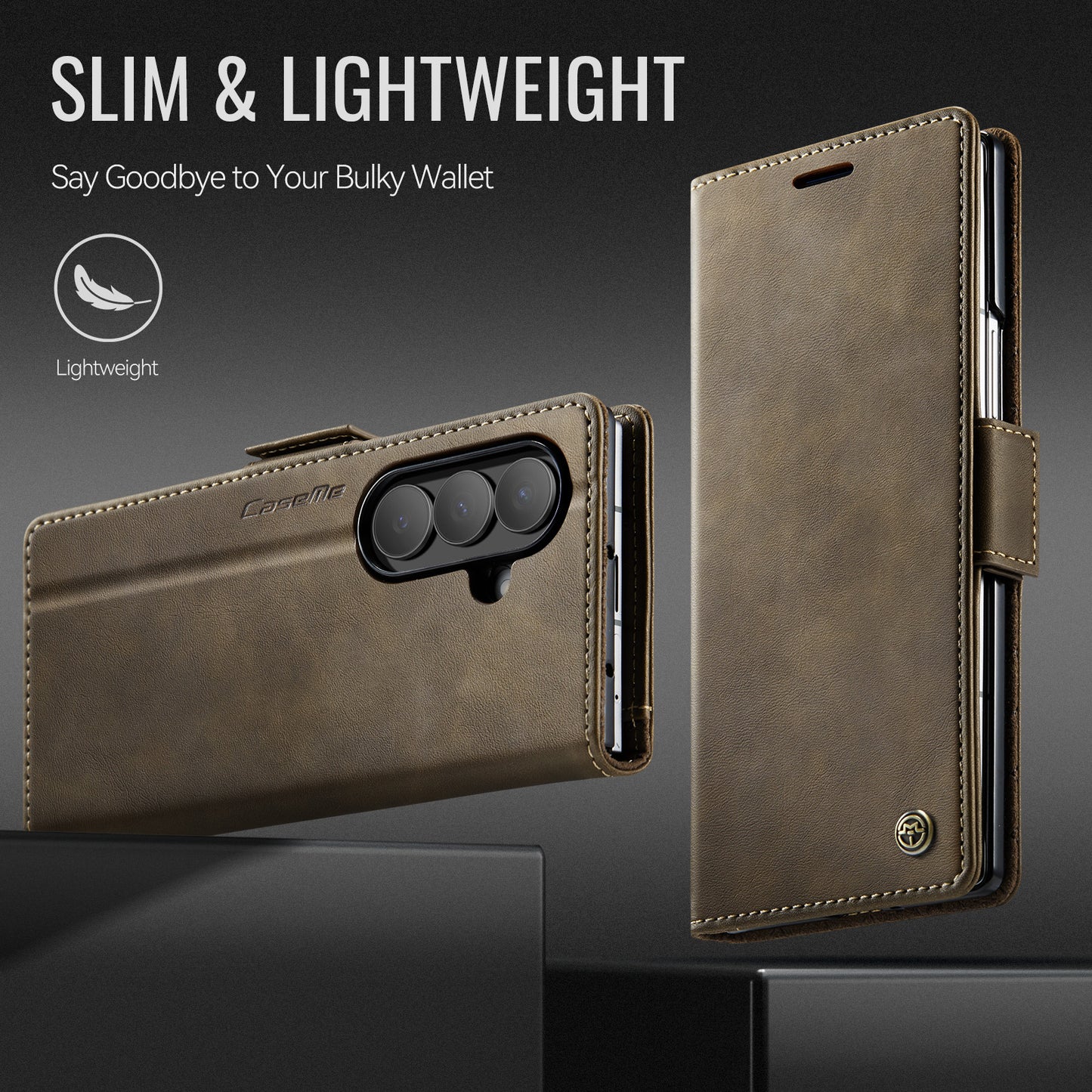 For Samsung Galaxy Z Fold7 5G Case CASEME 033 Series RFID Blocking Wallet Stand Calf Texture Leather Phone Cover - Coffee