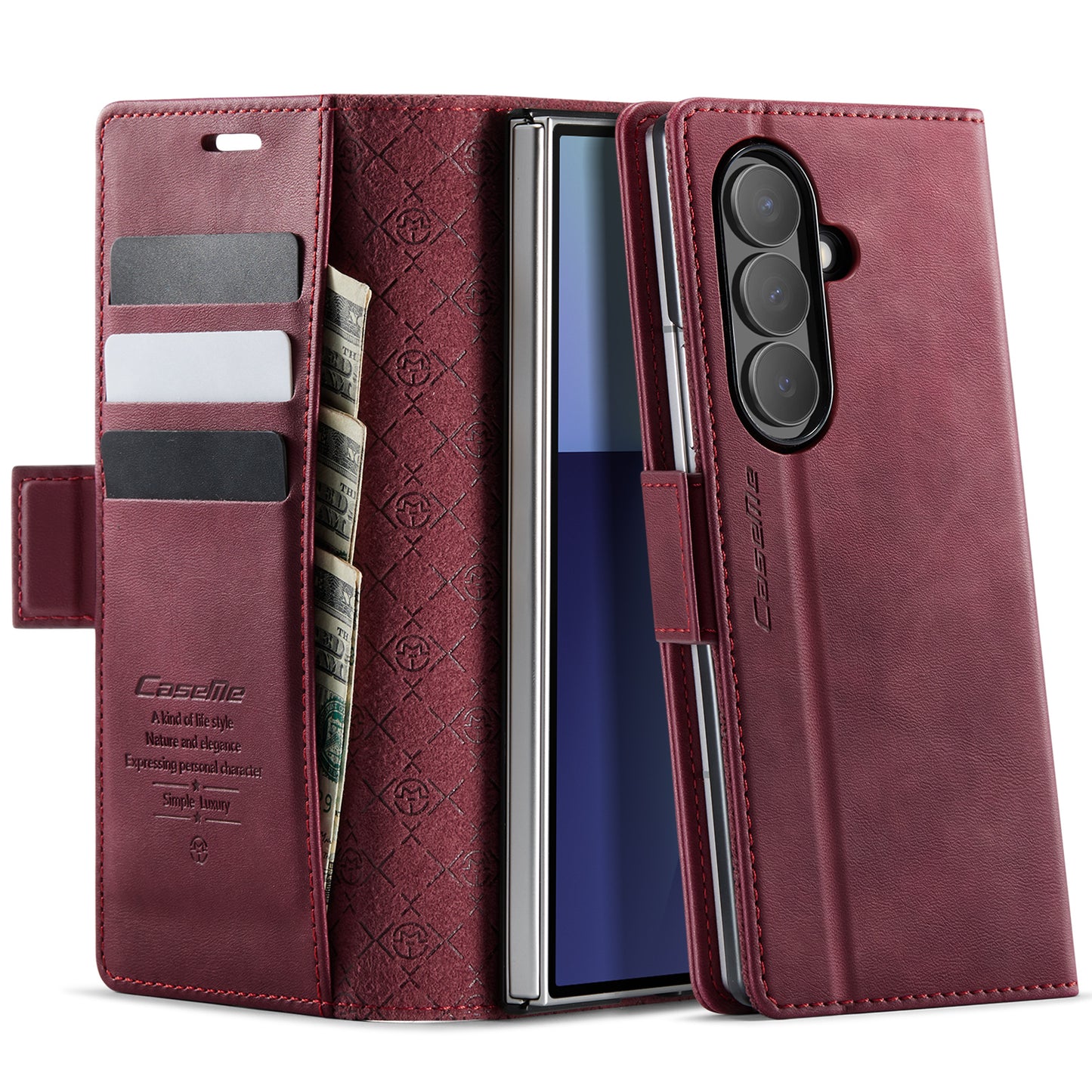 For Samsung Galaxy Z Fold7 5G Case CASEME 033 Series RFID Blocking Wallet Stand Calf Texture Leather Phone Cover - Red