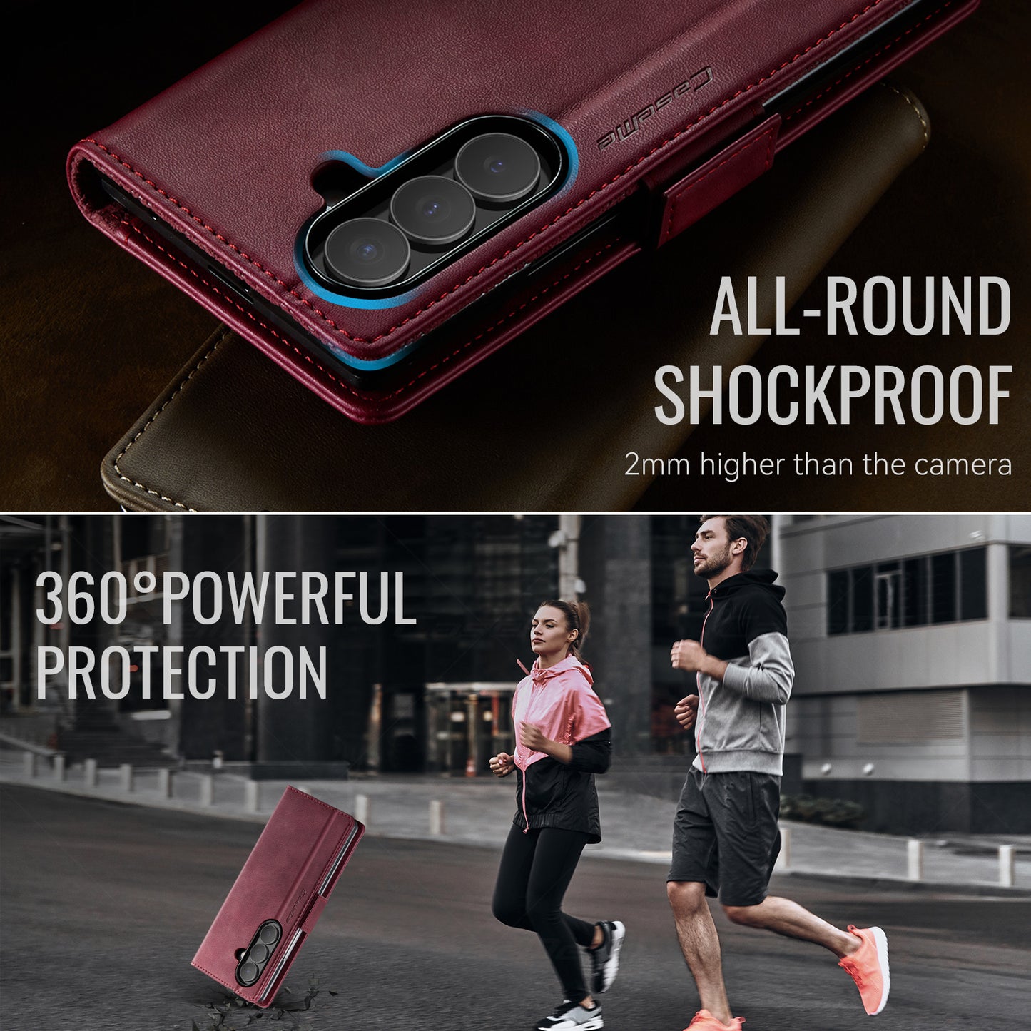 For Samsung Galaxy Z Fold7 5G Case CASEME 033 Series RFID Blocking Wallet Stand Calf Texture Leather Phone Cover - Red