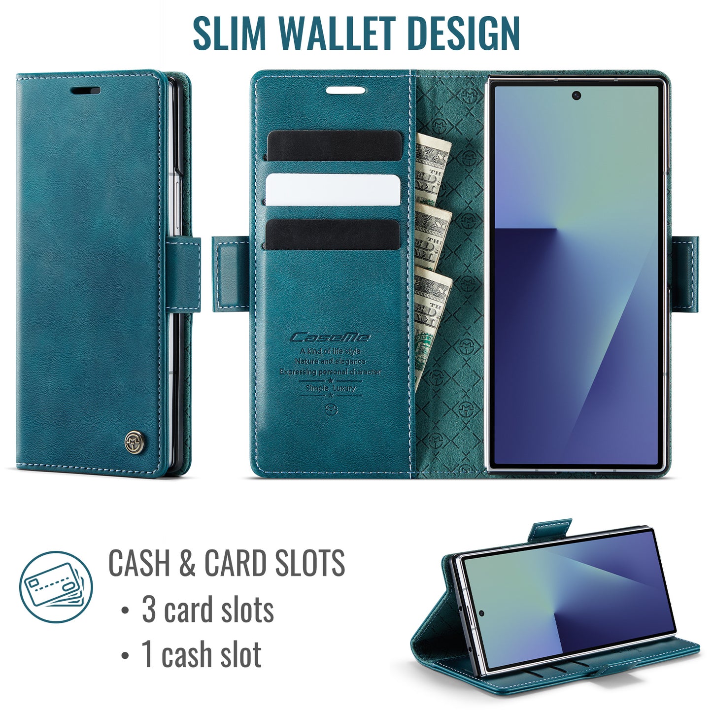 For Samsung Galaxy Z Fold7 5G Case CASEME 033 Series RFID Blocking Wallet Stand Calf Texture Leather Phone Cover - Green