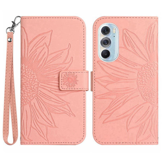 For Motorola Edge 30 Pro (Motorola Edge+ (2022)) Well-protected Imprinted Sunflower PU Leather Case Stand Wallet Skin-touch Phone Cover with Strap - Light Pink
