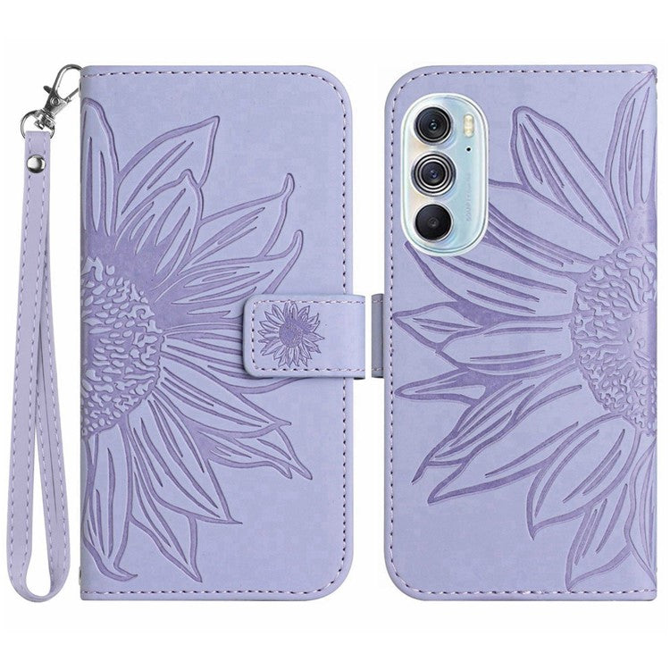 For Motorola Edge 30 Pro (Motorola Edge+ (2022)) Well-protected Imprinted Sunflower PU Leather Case Stand Wallet Skin-touch Phone Cover with Strap - Light Purple