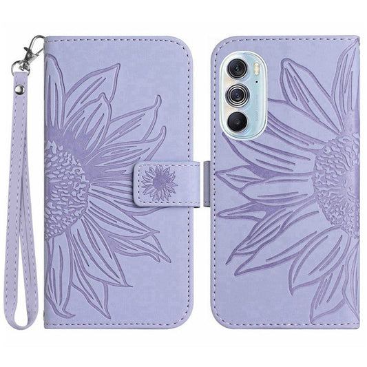 For Motorola Edge 30 Pro (Motorola Edge+ (2022)) Well-protected Imprinted Sunflower PU Leather Case Stand Wallet Skin-touch Phone Cover with Strap - Light Purple